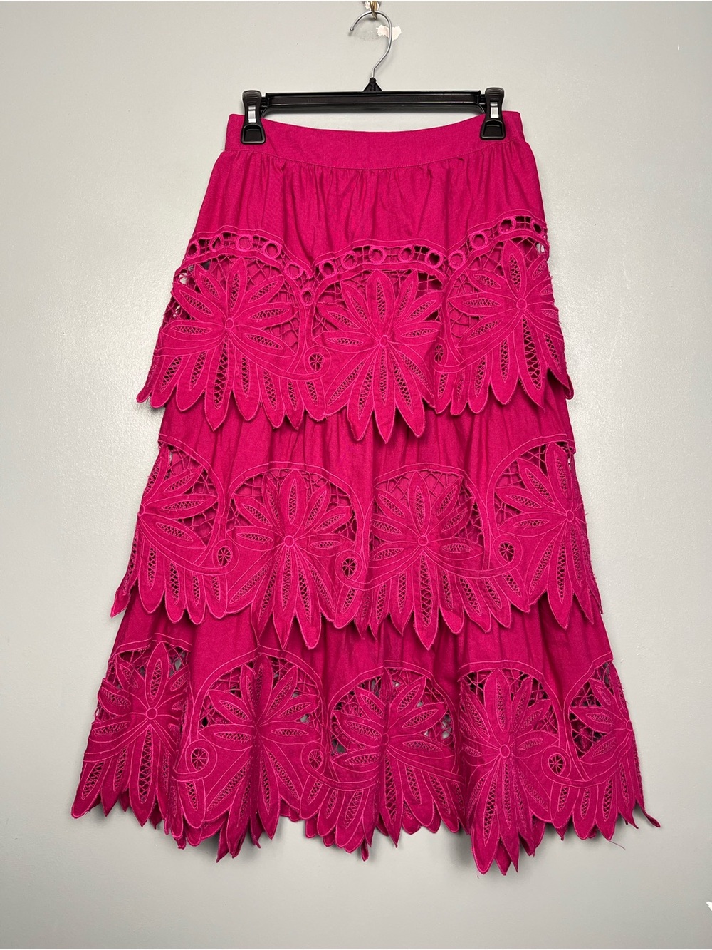 Farm Rio Pink Daisy Lace Embroidered Midi Skirt Linen Cotton Women’s Size S